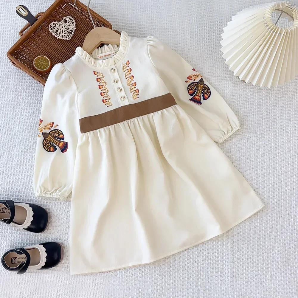 Autumn Fashion Beige Children Clothes Embroidery Printed Long Sleeved 3-7Years Girls Casual Dress 4Y