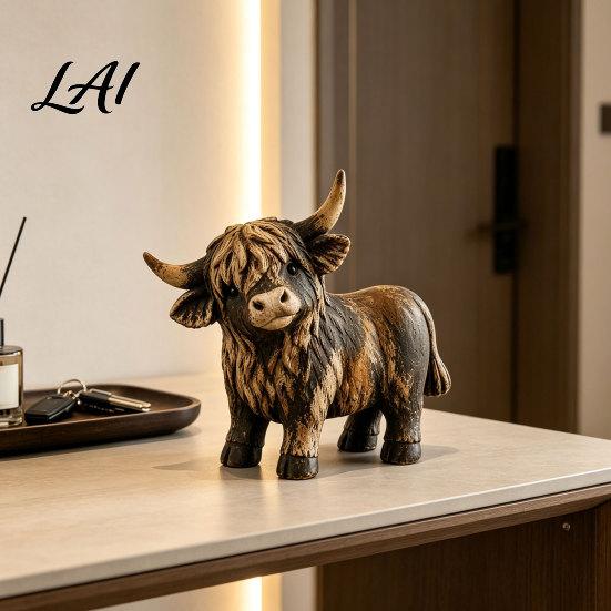 Handmade Highland Cow Gift Farmhouse Figurine Resin Scottish Bull Statue Rustic Hand Carved Crafts Tabletop Ornament Country Style Shelf