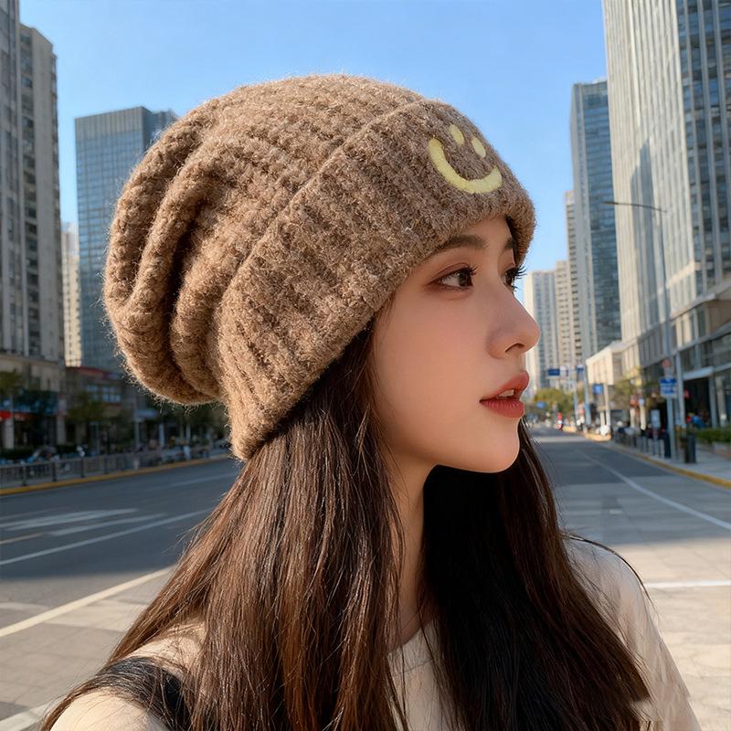 Blue Woolen Cap Thickened and Warm for Children Large Head Wrap Cold Cap To Show Off Face Small Ear Protecting Knitted Pile Cap