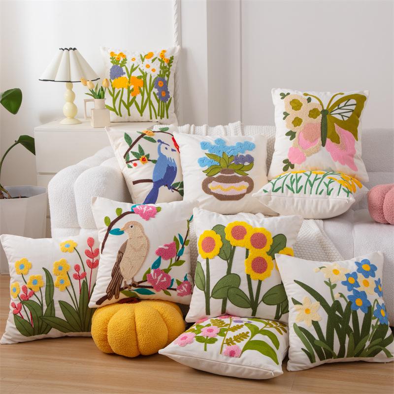 Cotton Canvas 3D Effect Birds Embroidery Throw Pillow Cover Decorative Cushion Cover For Sofa Office Home Room Decoration