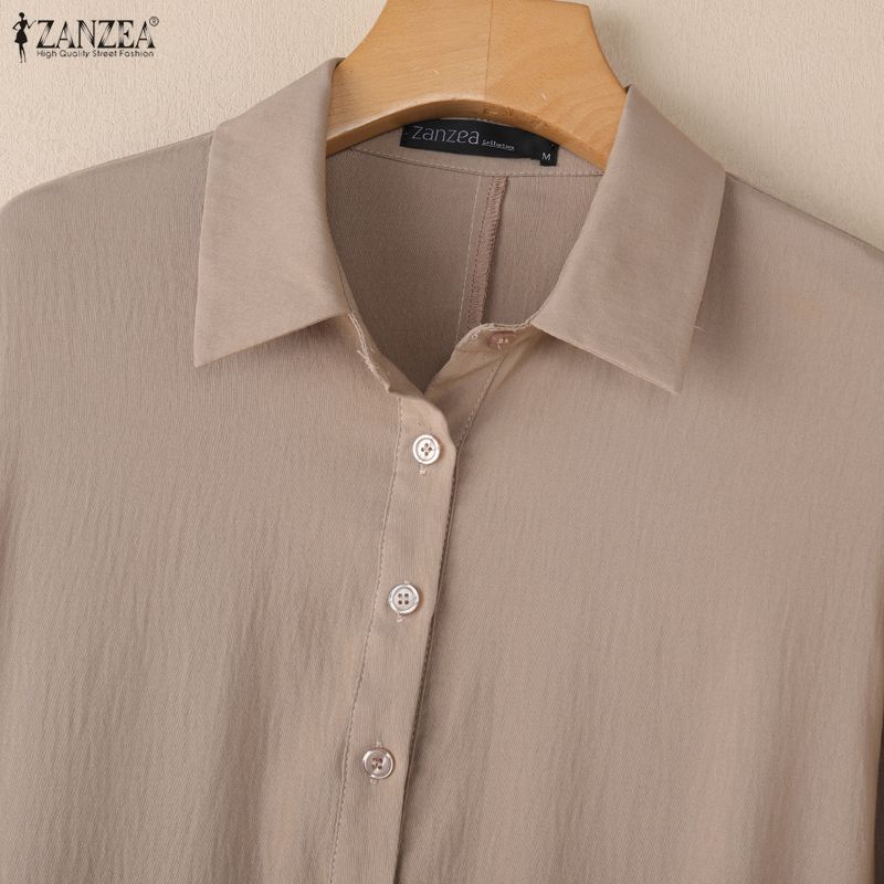 ZANZEA Women Casual Turn Down Collar Solid Color Long Sleeve Dress