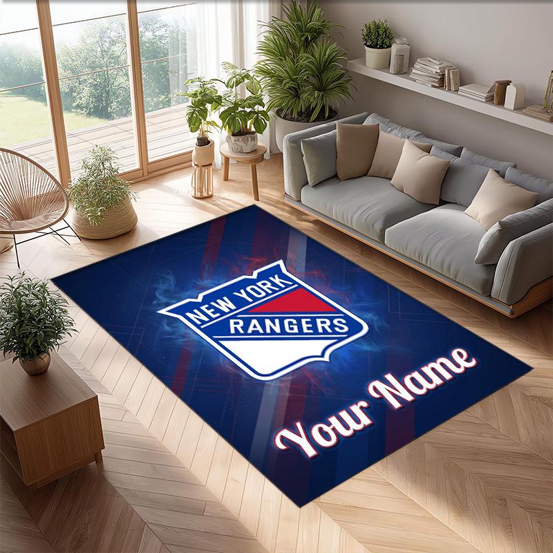 New York Rangers Crystal Velvet Rug, Custom Name Text Personalized Non‑Slip Floor Mat for Home Decor Gift