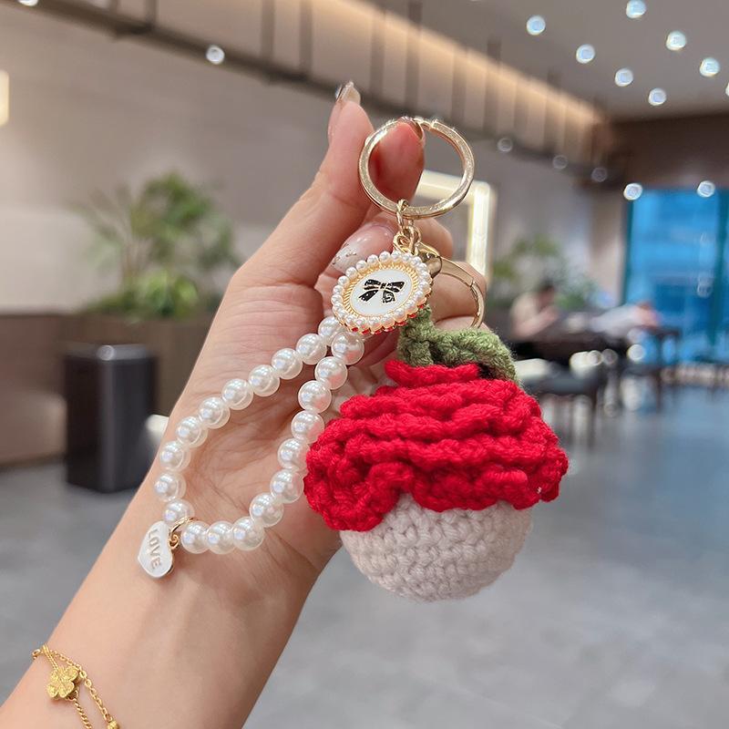 Handmade Crochet Flower Keychain Set, Colorful Knit Flower Bag Charm with Pearl Strap,Crochet Flower Keychain, Pearl Strap Charm