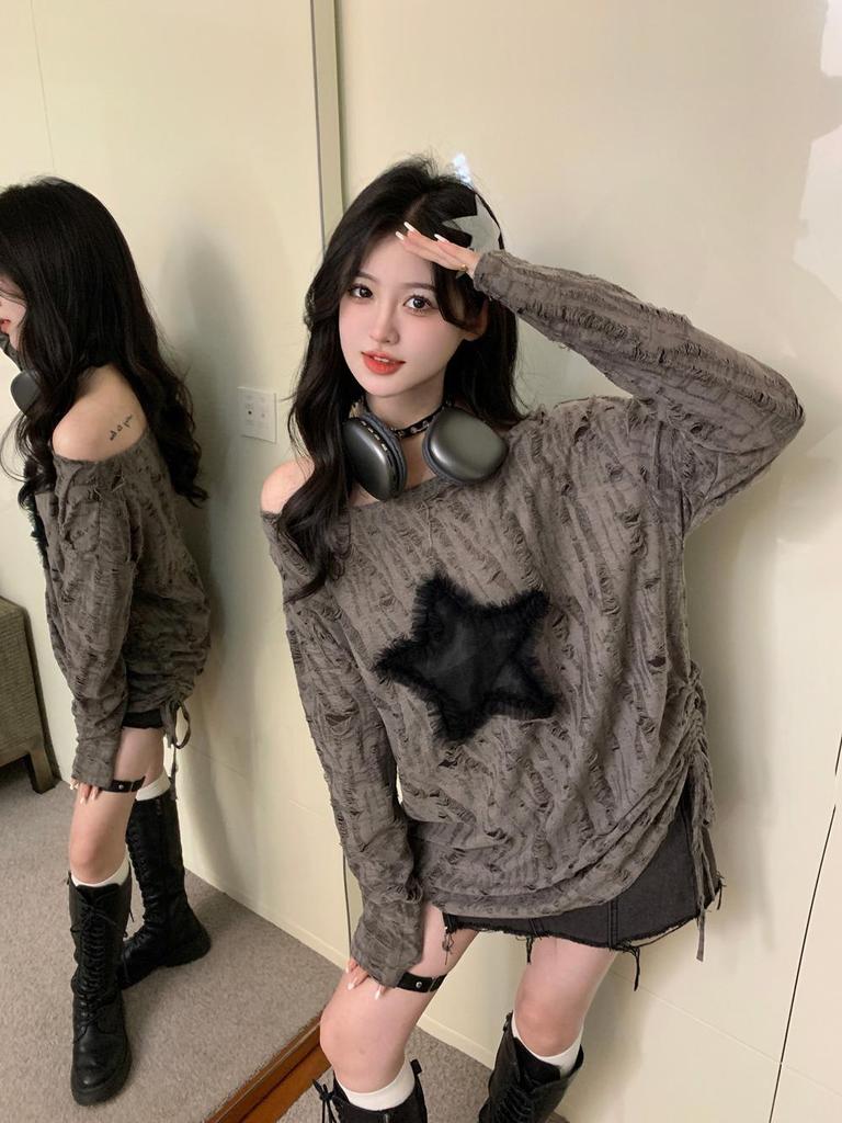 Women's Star Design Off-Shoulder Long-Sleeve T-Shirt - Spicy Girl Autumn Edition, Loose Fit with Drawstring Hem