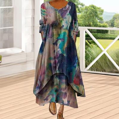 Mehrlagiges Boho-Kleid für Damen, Sommer-Maxikleid mit Blumenmuster und unregelmäßigem Saum, langärmliges V-Ausschnitt-Kleid in Übergröße