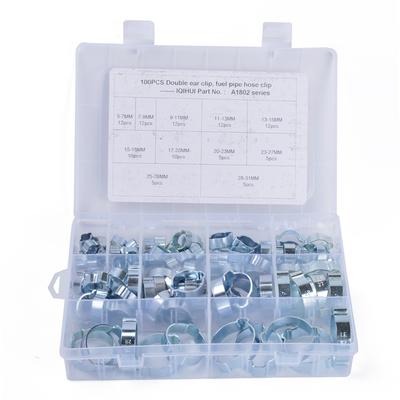 100 × Double Ear Hose Clips Water Fuel Air Clamps for 5-31MM Zinc Plated Assortment Box with Pliers Tool