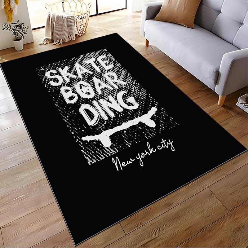 Schwarzer Teppich im Skateboard-Design mit Totenkopf, New York City Aufdruck Geeignet als Anti-Rutsch für Wohnzimmer Schlafzimmer Sofas