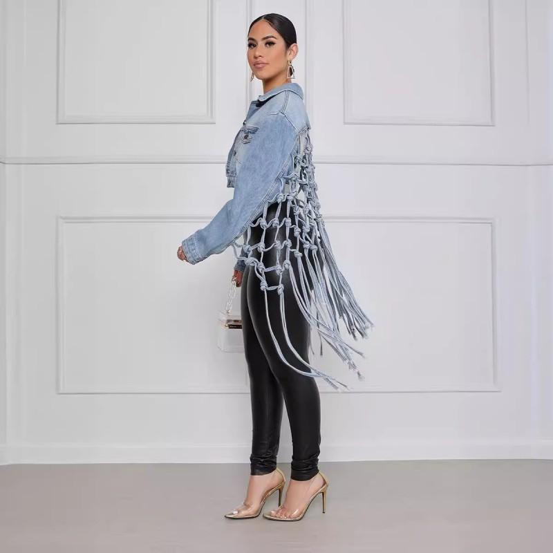 Giacca di Jeans da Donna con Pannello Posteriore in Rete Dettaglio Frange Vestibilità Larga Manica Lunga Collo a Camicia 2026