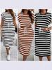 Europäisches & Amerikanisches Gestreiftes Schnürkleid für Damen mit taillierter Taille & Rundhalsausschnitt.
