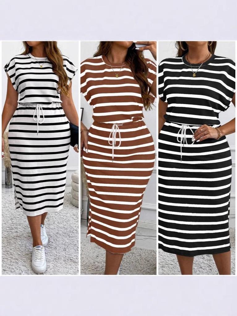 Europäisches & Amerikanisches Gestreiftes Schnürkleid für Damen mit taillierter Taille & Rundhalsausschnitt.