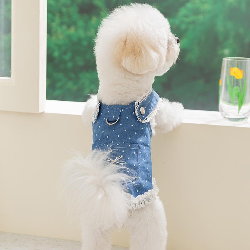 Summer Denim Dog Dress Dot Bow Pet Suspenders Luxury Dog Clothes Cat Outfits Chihuahua Bichon Yorkie Girls Dog Skirts Jeans New