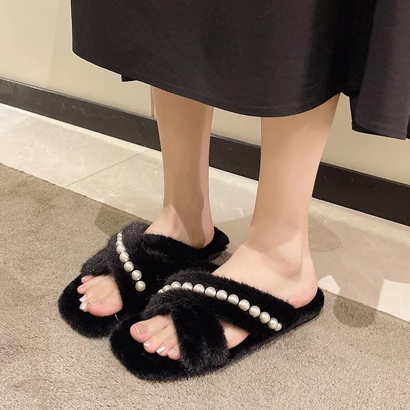 Мода 2024 женские тапочки из флока роскошные шлепанцы меховые шлепанцы на платформе новые — фото 4