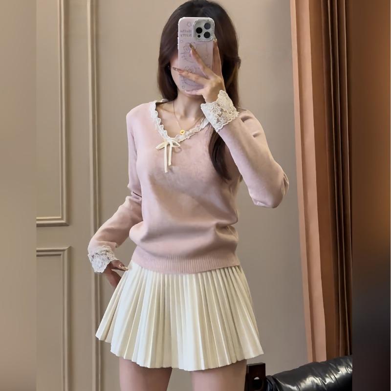 Lace V-neck Knitted Sweater Women's Autumn and Winter Slim-fitting Waist Long-sleeved Inner Top Soft Waxy Backing Fashionable Sweater