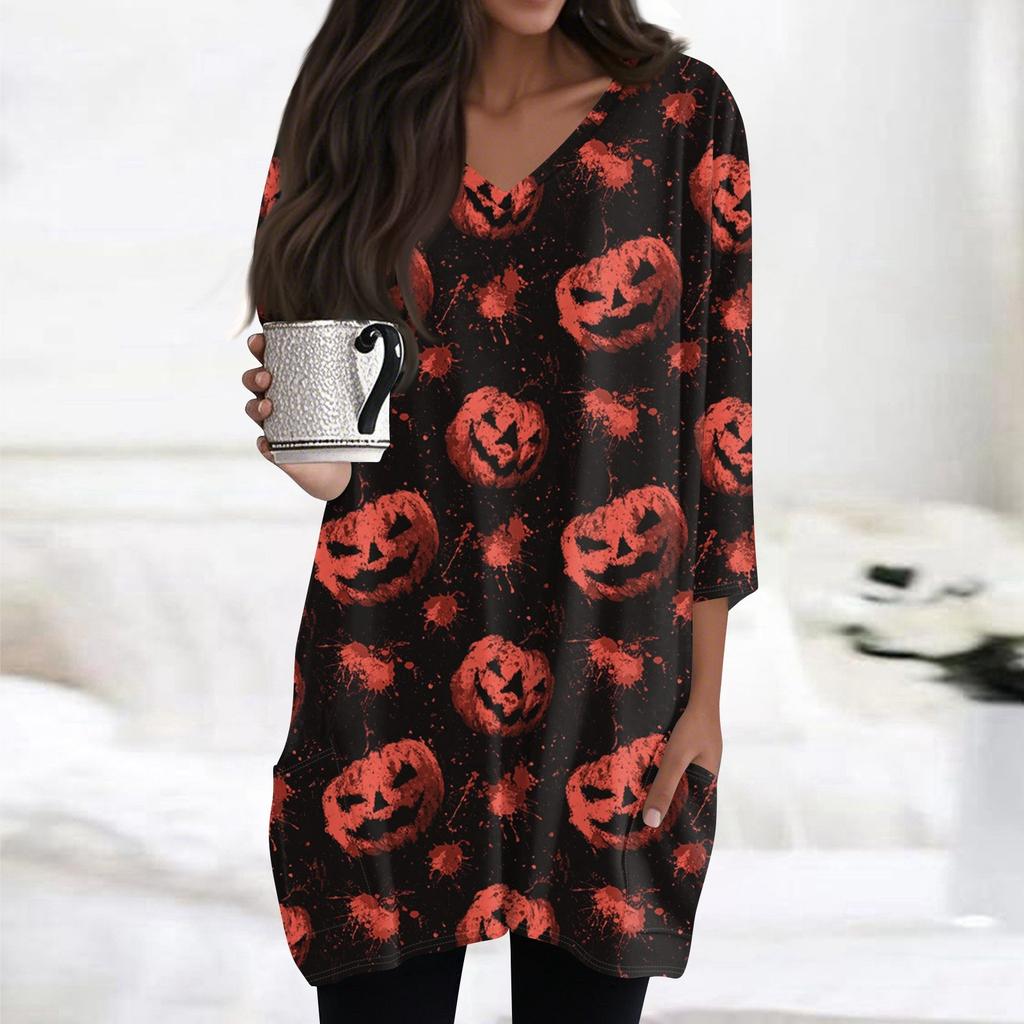 Womens's Fashion Casual Halloween Print V-neck Mid Length Pocket 3/4 Sleeve Top