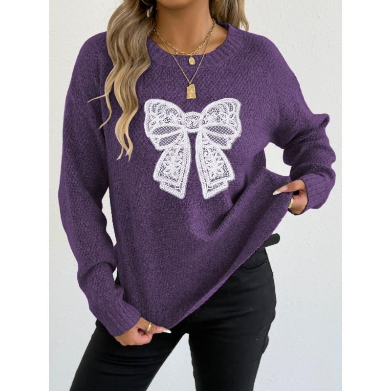 Women European Style Crew Neck Long Sleeve Butterfly Embroidery Lace Patchwork Pullover Sweater