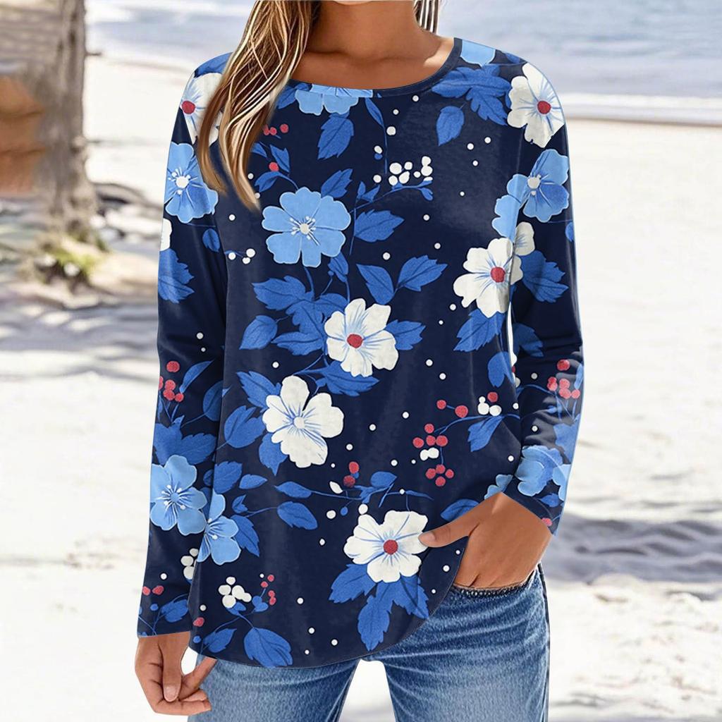 Women's Fashionable Casual Printed Long Sleeved Round Neck Top Round Neck Top Top