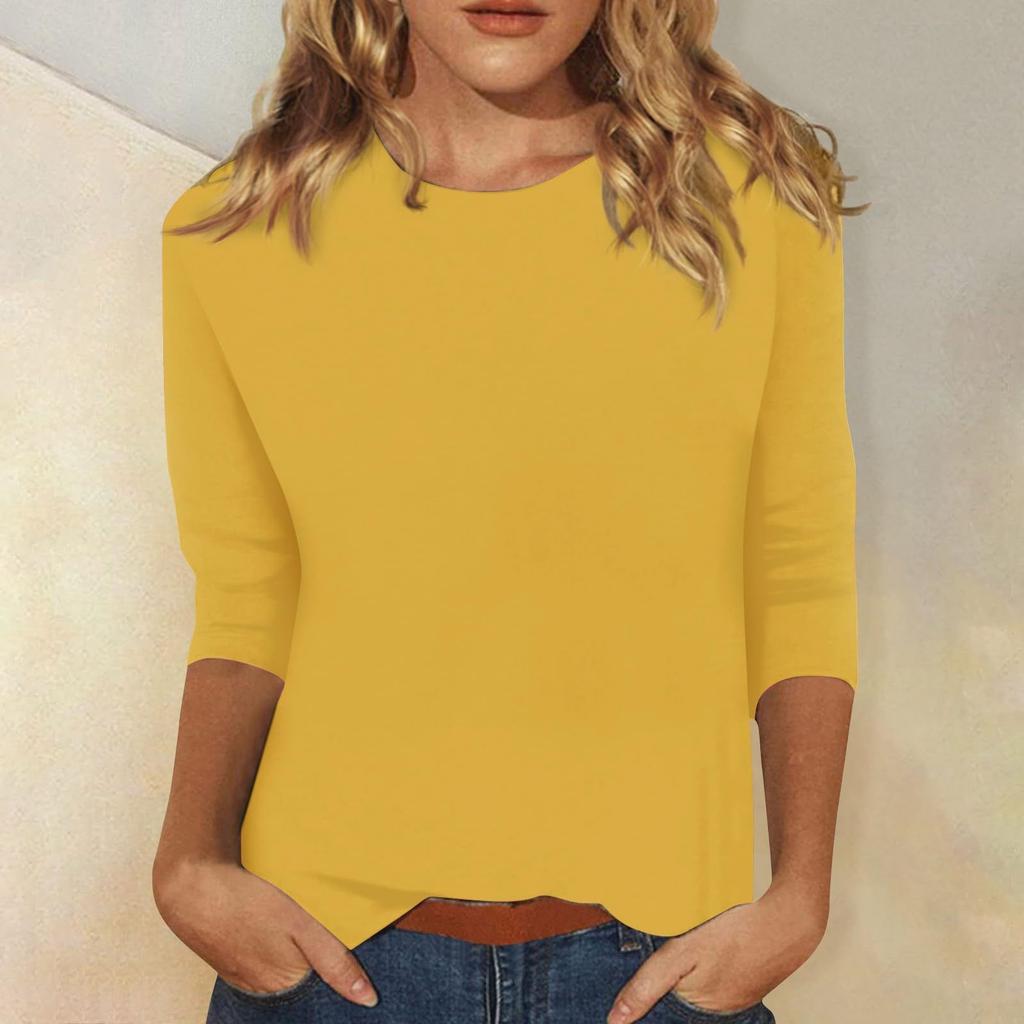 T-shirt uni à col rond et manches 3/4 pour femme - Haut décontracté à coupe ample