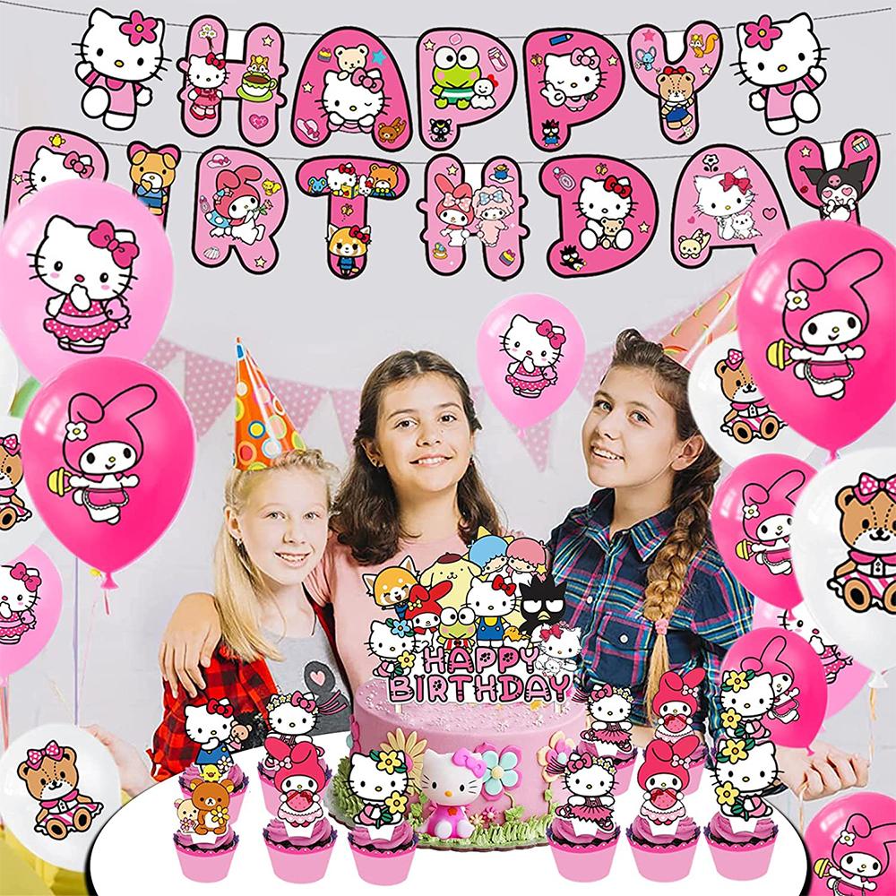 33pcs Hello Kitty Birthday Decorations Include Banners, Cake Toppers, Balloons