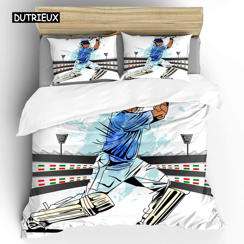 Cricket Duvet Cover Set Abstract Sports Pattern Bedding Set Microfiber Player Playing Game of Cricket Double Queen Quilt Cover