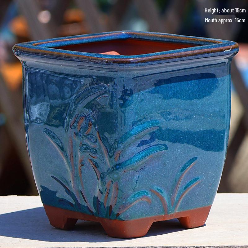 Creative Handmade Coarse Pottery Terracotta Pot - Large Square Glossy Glazed Planter with Low Breathable Rim for Succulents and Pothos