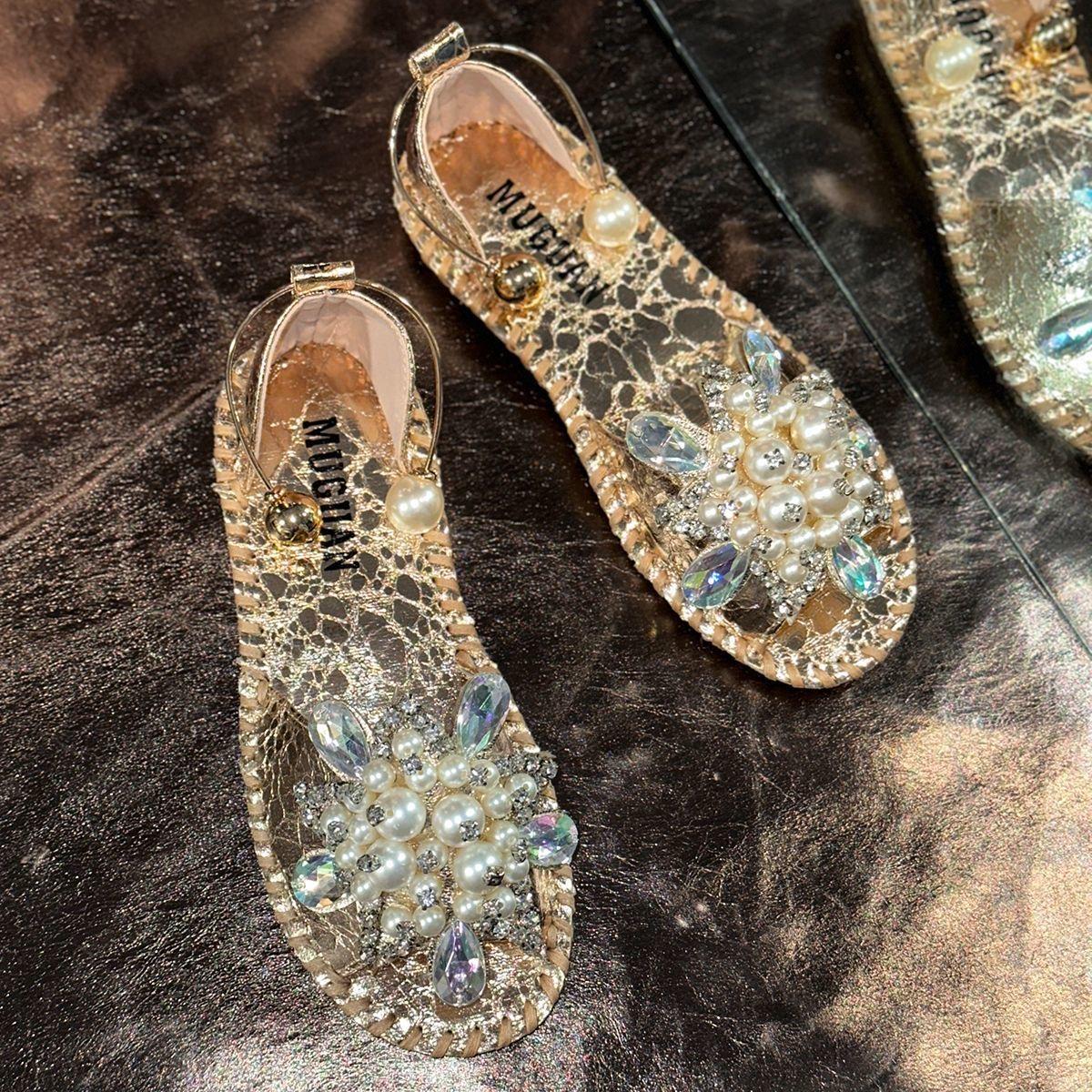 

Summer New Women s Flat Sandals Plus Size Rhinestone Beaded Fairy Open Toe Slippers 35 золотой