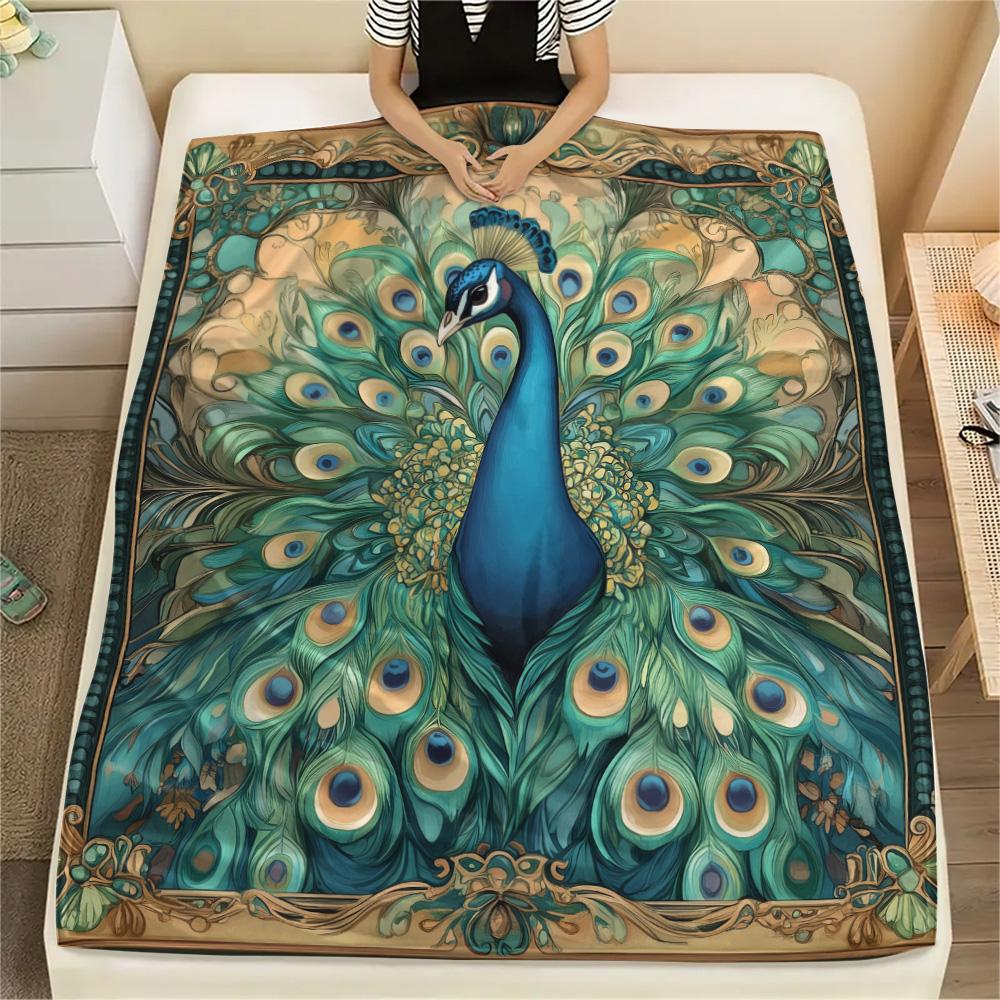 Peacock with Fanned Tail Print Flannel Blanket, High quality Comfortable for All Seasons, Home Decor, Warmth and Comfort