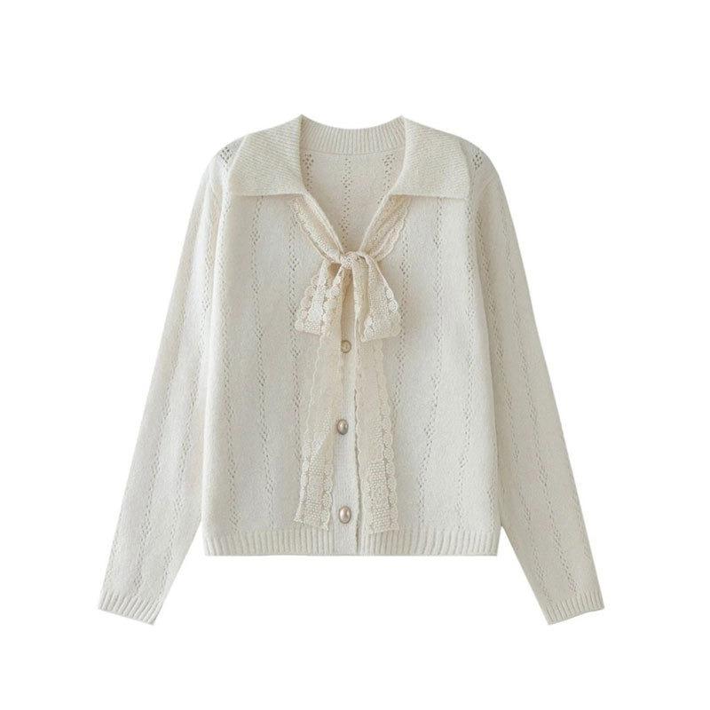 Spring Autumn Lace Pachwork Hollow Out Knitting Bandage Cardigan Sweater Women Sweet Casual Knitting Top
