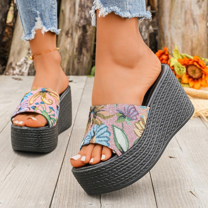 Damen Plateau Keilabsatz Pantoletten, Sommer Zehenfrei Chunky Heel Sandalen