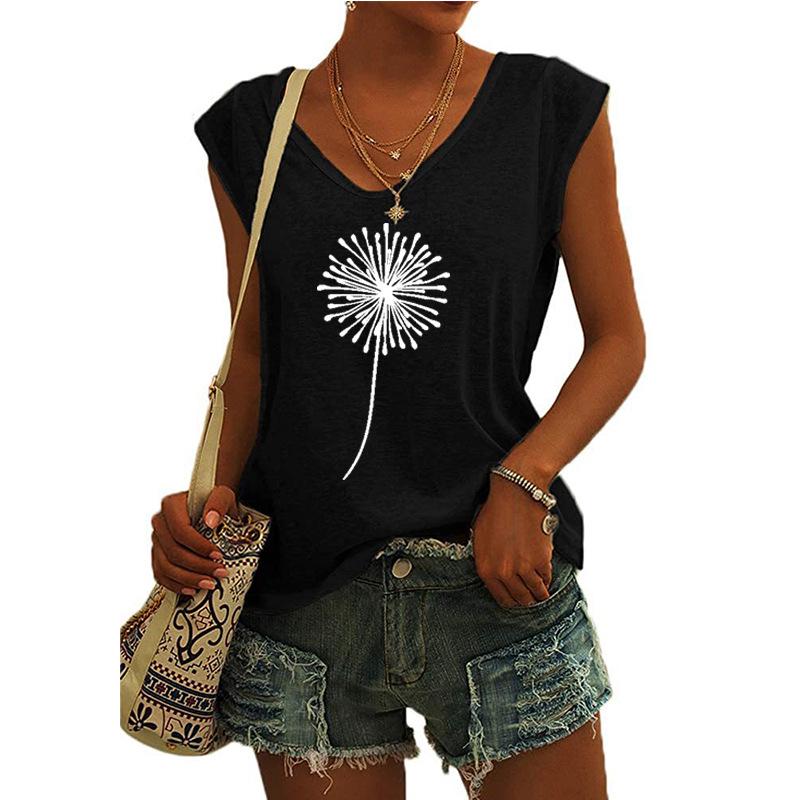 2023 Trendy Women's V-neck Print Cap Sleeve Loose T-shirt Top