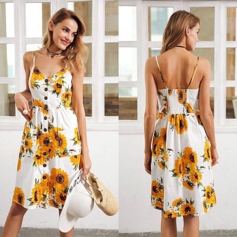 Stylish Summer Women's Backless Dress With Button Detail And V Neckline In Beige And Blue