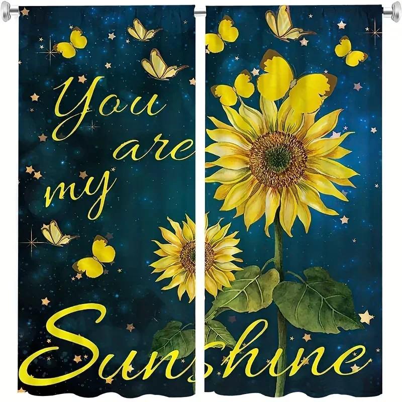 3D 2panels Black Sunflower Printed Curtain, Rod Pocket Curtain For Bedroom Office Kitchen Living Room Study Home Decor