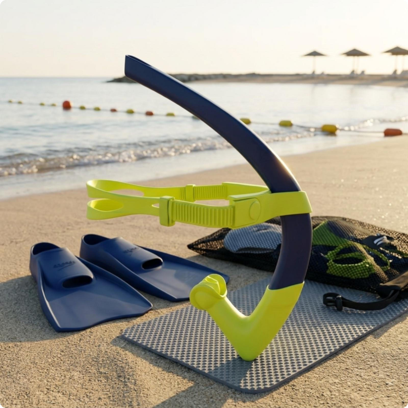 Schwimmtraining Schnorchel Verstellbar Schwimmen mit Kopfband Gebogenes Atemrohr für Kid_Navy-green beige