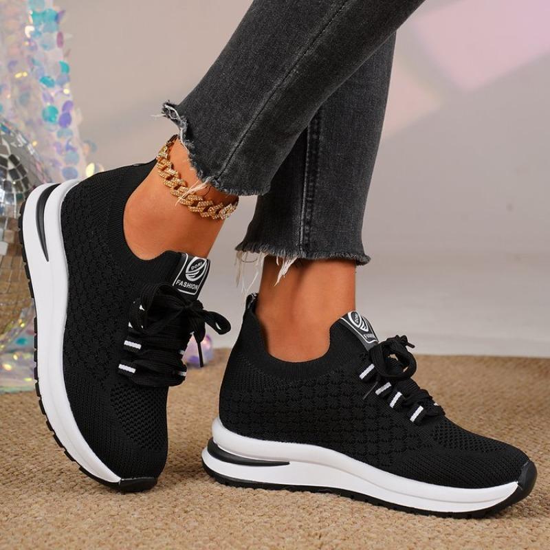 Women's Summer Lace-Up Thick-Soled Wedge Breathable Knit Mesh Casual Shoes, Height-Increasing Footwear, Available In Large Sizes.