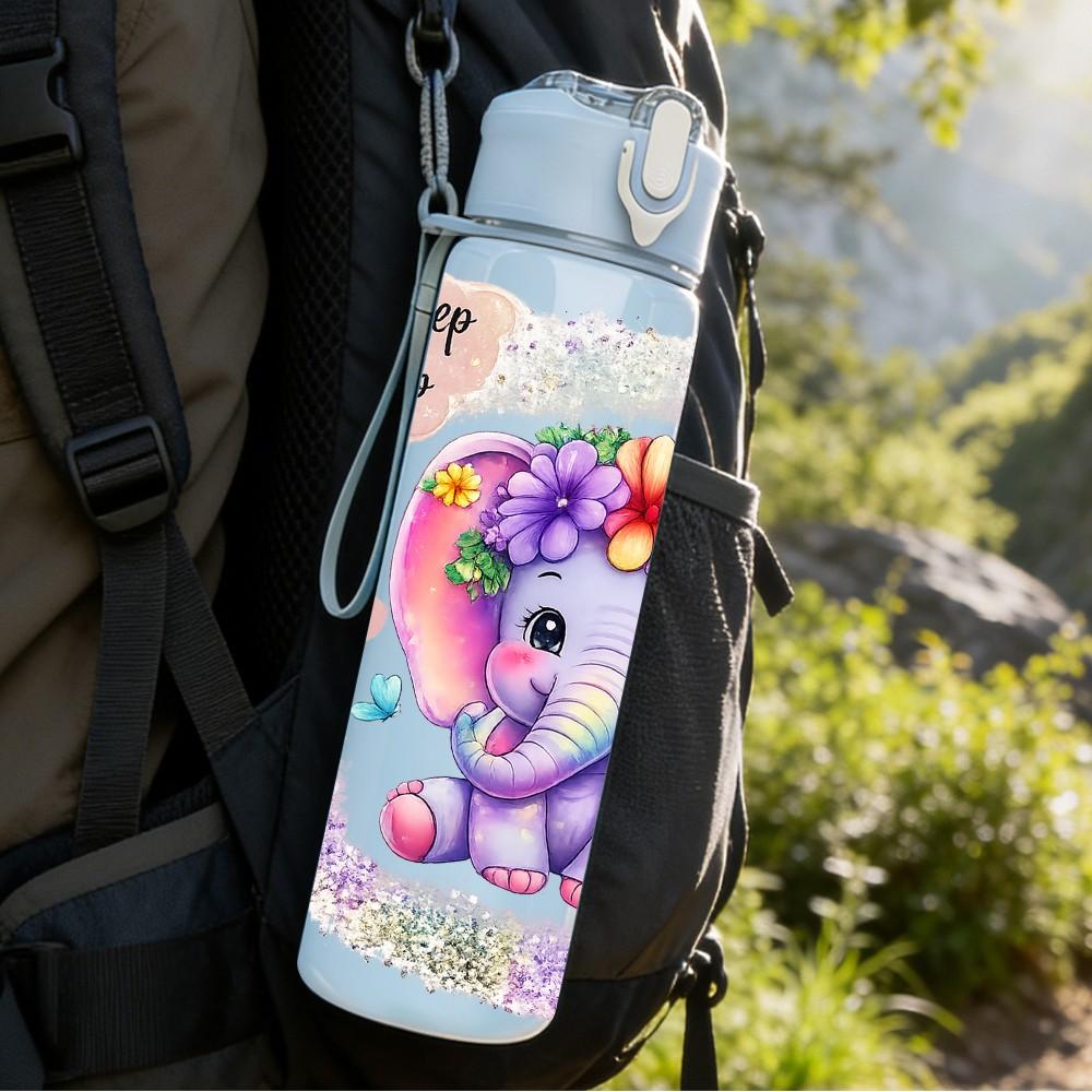 1PC Cute Baby Elephant Cartoon Print 750ml Color Plastic Sports Water Bottle Leakproof Flip Straw Lid Suitable for Sports Office Home Use