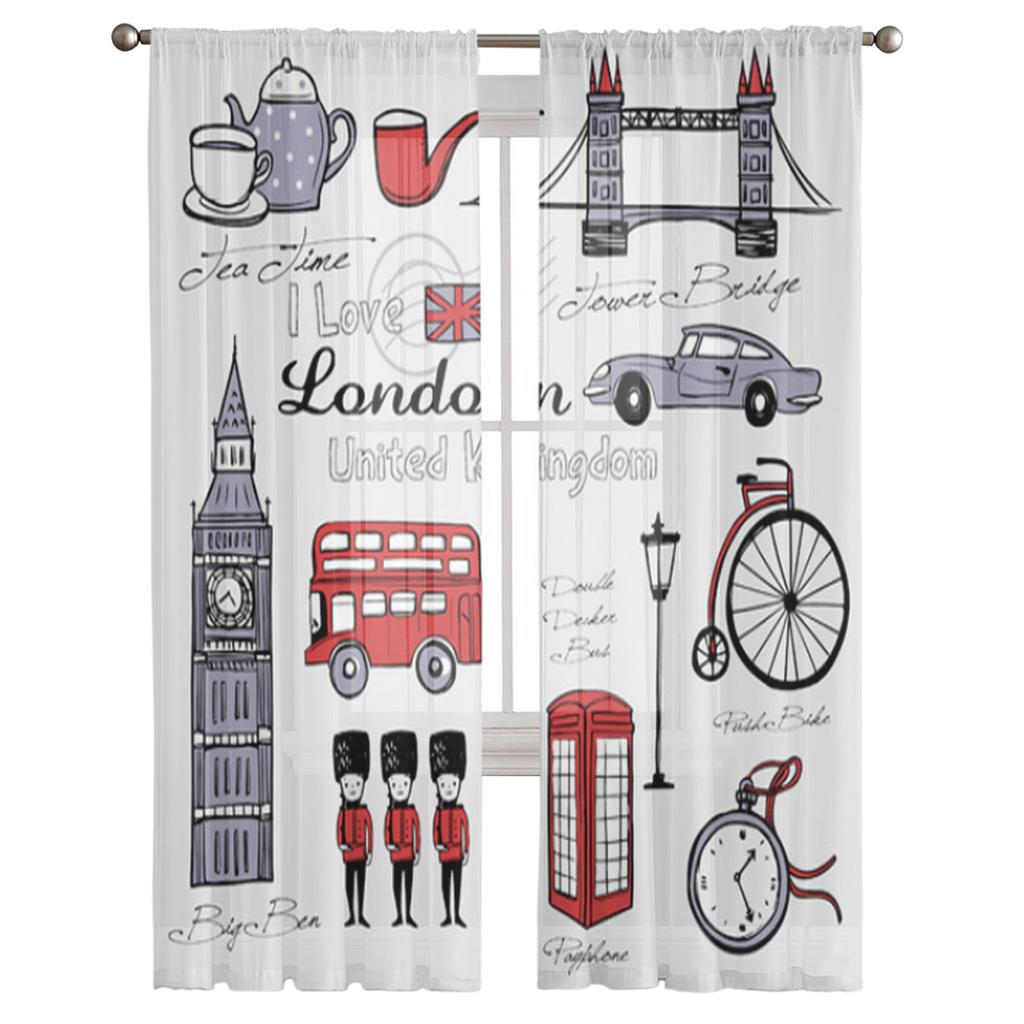 London Bus Fahrrad Cartoon Doodle Gardinen für Wohnzimmer Schlafzimmer Tüll Vorhänge Küche Fenster Behandlungen Panel Vorhänge