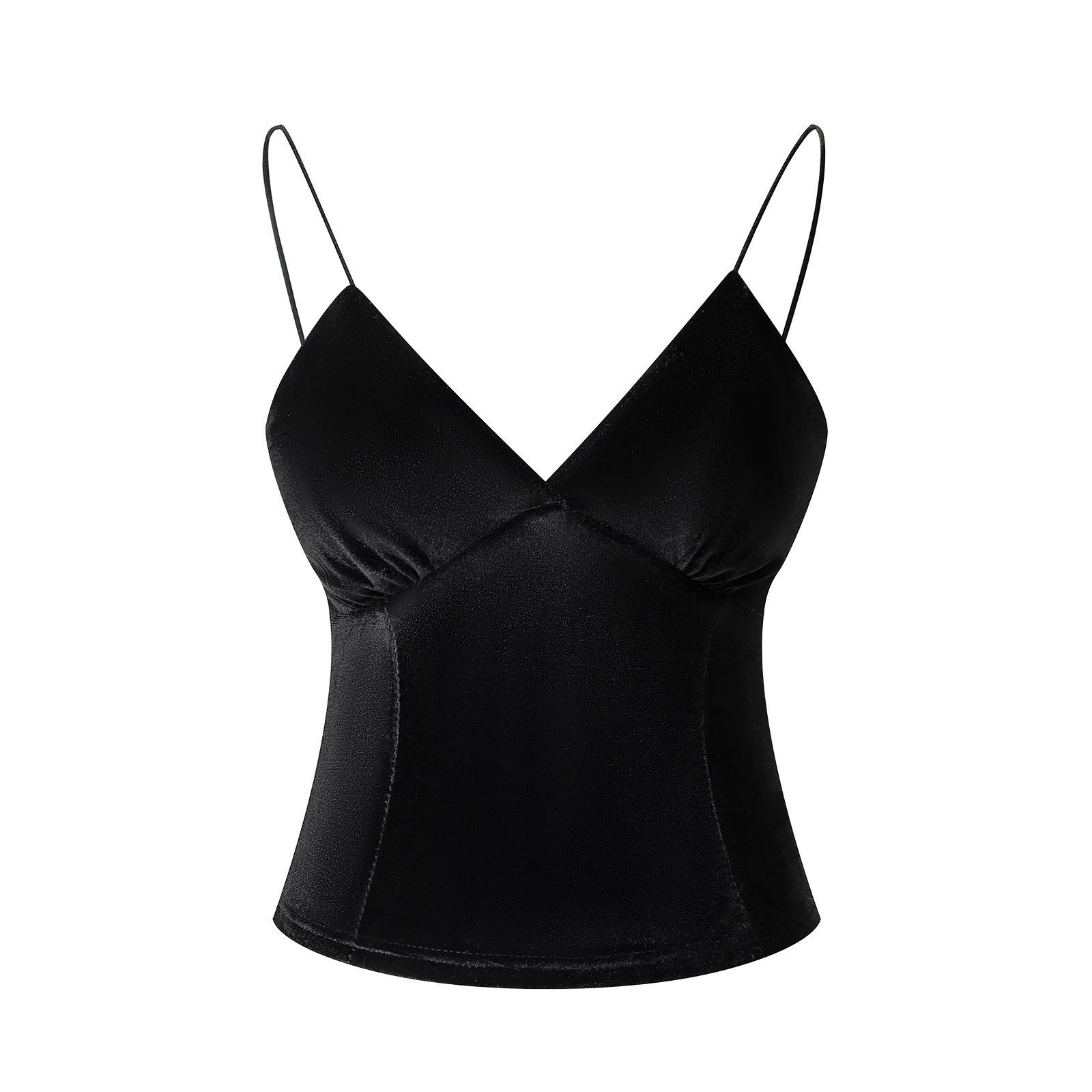 French Velvet V-neck Spaghetti Strap Tank - Pure Desire Sleeveless Top Medium чёрный