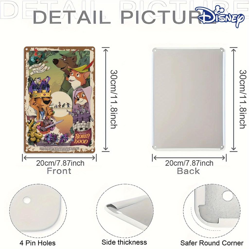 1pc Disney Robin Hood Metal Tin Sign - 20.32cm X 30.48cm Vintage Wall Art with Whimsical Animal Characters, Frameless Motivation