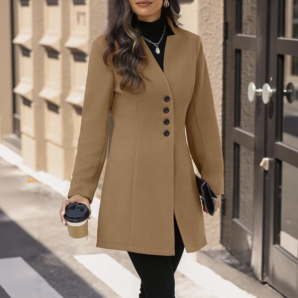 Women's Elegant Mid-Length Wool Trench Coat with Stand Collar Outerwear