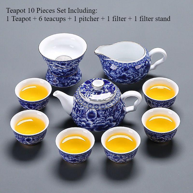 Chinese Kung Fu Tea Set, Blue and White Porcelain Teaware, Ceramic Teapot, Teacups and Filter Set, Household Tea Drinkware