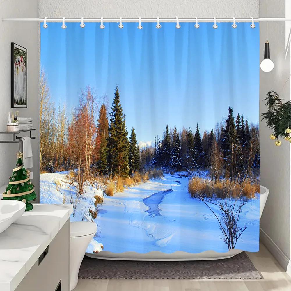 

Winter Outdoor Forest Snow Shower Curtain Farmhouse Mountain Landscape Polyester Fabric Washable Shower Curtains Bathroom Decor W60H190(CM)-1 Pcs