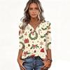 Women's Fashion Casual Christmas Print V-Neck Button Three-Quarter Sleeve T-Shirt