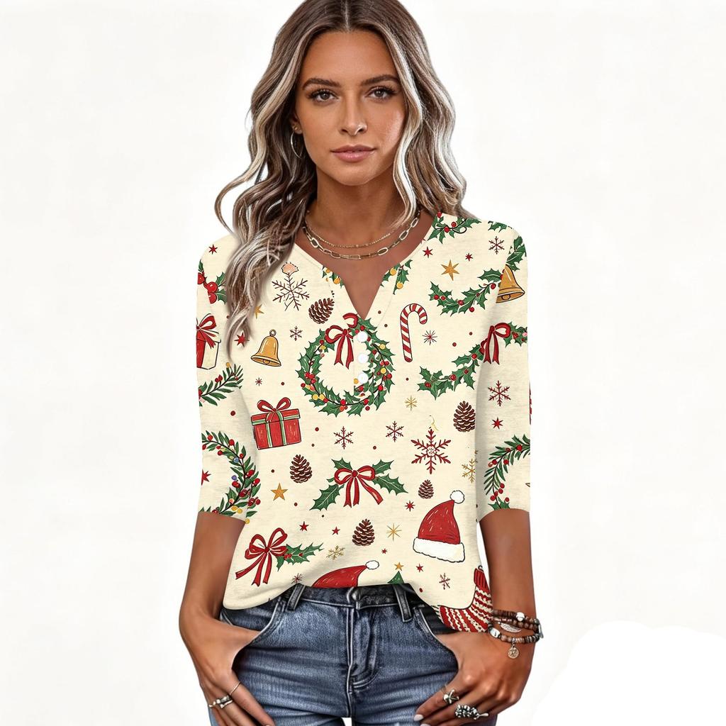 Women's Fashion Casual Christmas Print V-Neck Button Three-Quarter Sleeve T-Shirt