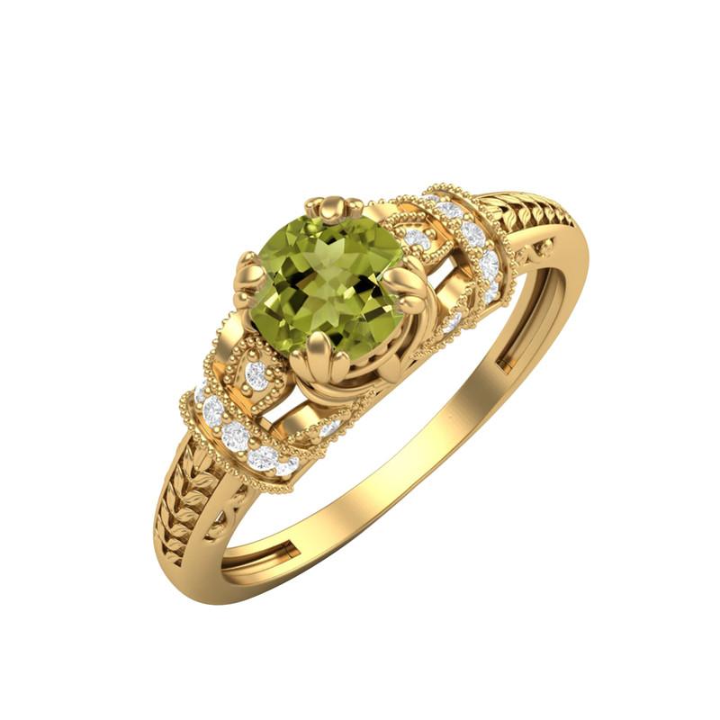 

5MM Round Peridot Gemstone 925 Sterling Silver Gold Plated Solitaire Blossom Design Women Wedding Ring 7