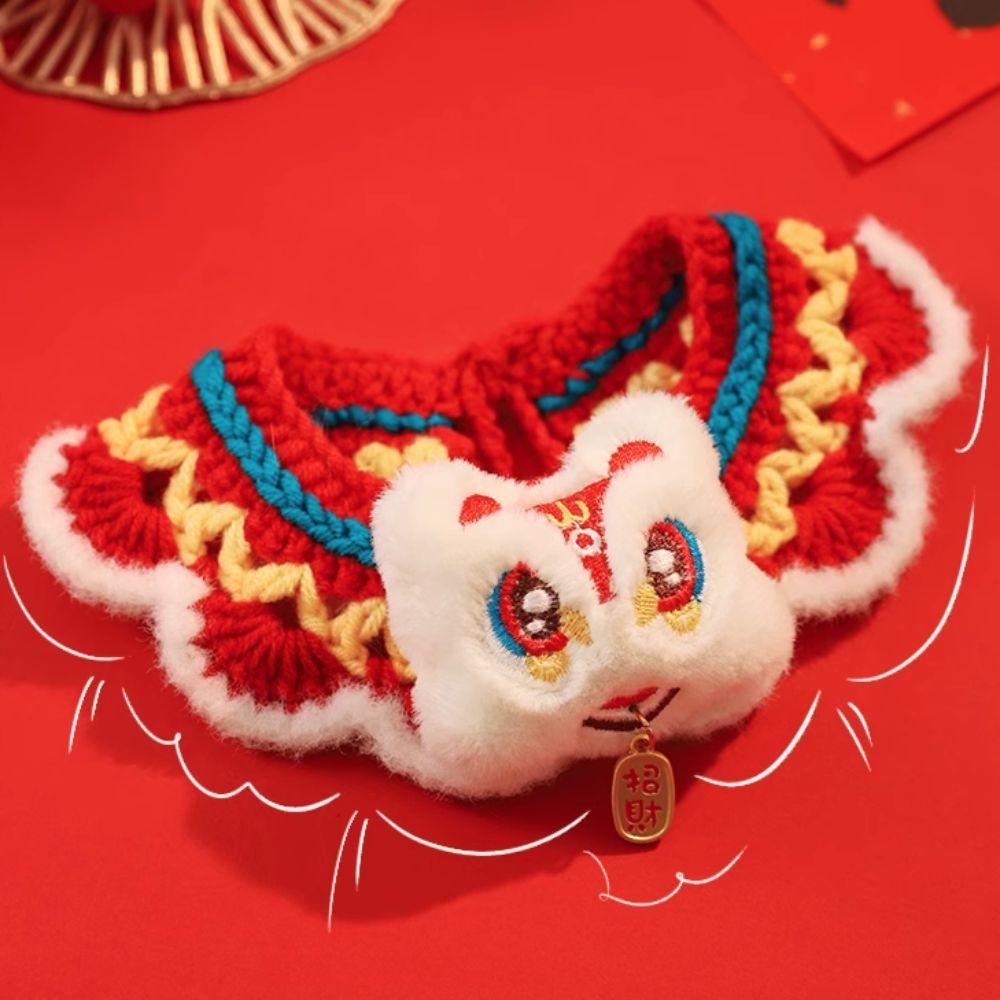 Chinese Style Spring Festival Lion Dance Cat Tie Adjustable Warm New Year Pet Collar Handmade Blessing Cat Knitting Scarf Puppy