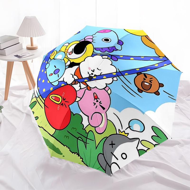 1pc Outdoor Umbrella with BT21 Characters - Automatic Opening/Closing, Portable 3-Fold Design, 8-Bone Iron Frame, Perfect Gift for Fans, Traveler