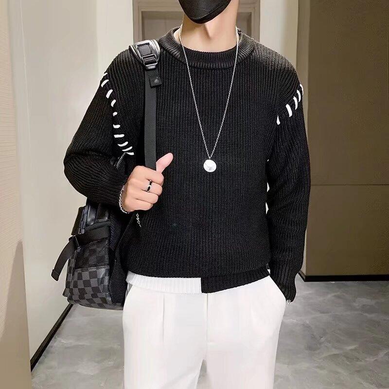 Spring 2024 Men's Sweater Patchwork Assorted Colors Skin-Friendly Fabric Fashion Versatile Top Casual Long-Sleeved Bottoming Shirt