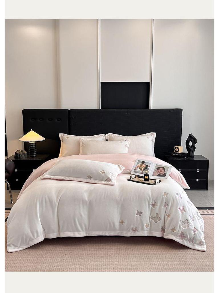 G5Z Luxurious Winter Fleece Bedding Set - Double-Sided Four-Piece: Bed Sheet, Duvet Cover, Flannel Coral Fleece