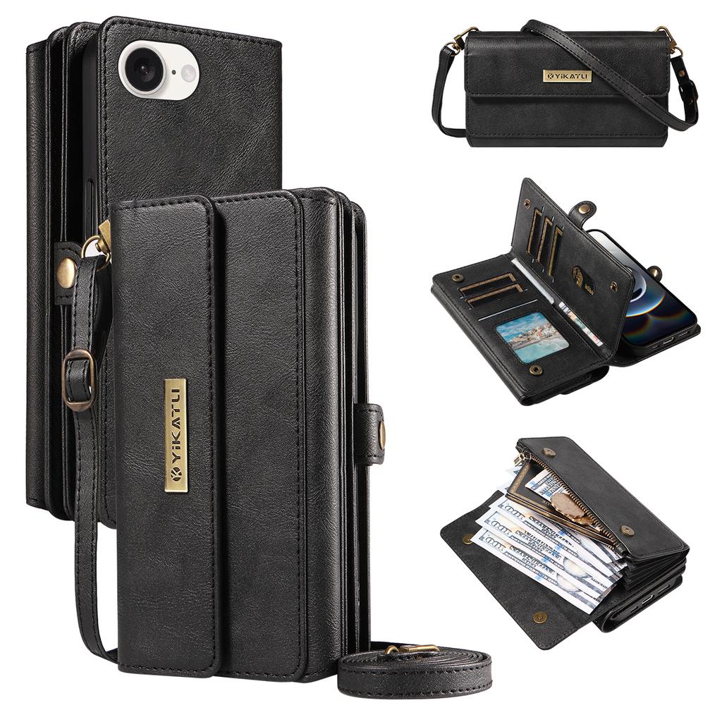 For iPhone 16e Case YIKATU YK-008 Zipper Wallet Leather Phone Cover with Shoulder Strap