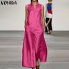 VONDA Women Sleeveless Satin Thin Jumpsuits V Neck Pockets Casual Long Rompers 