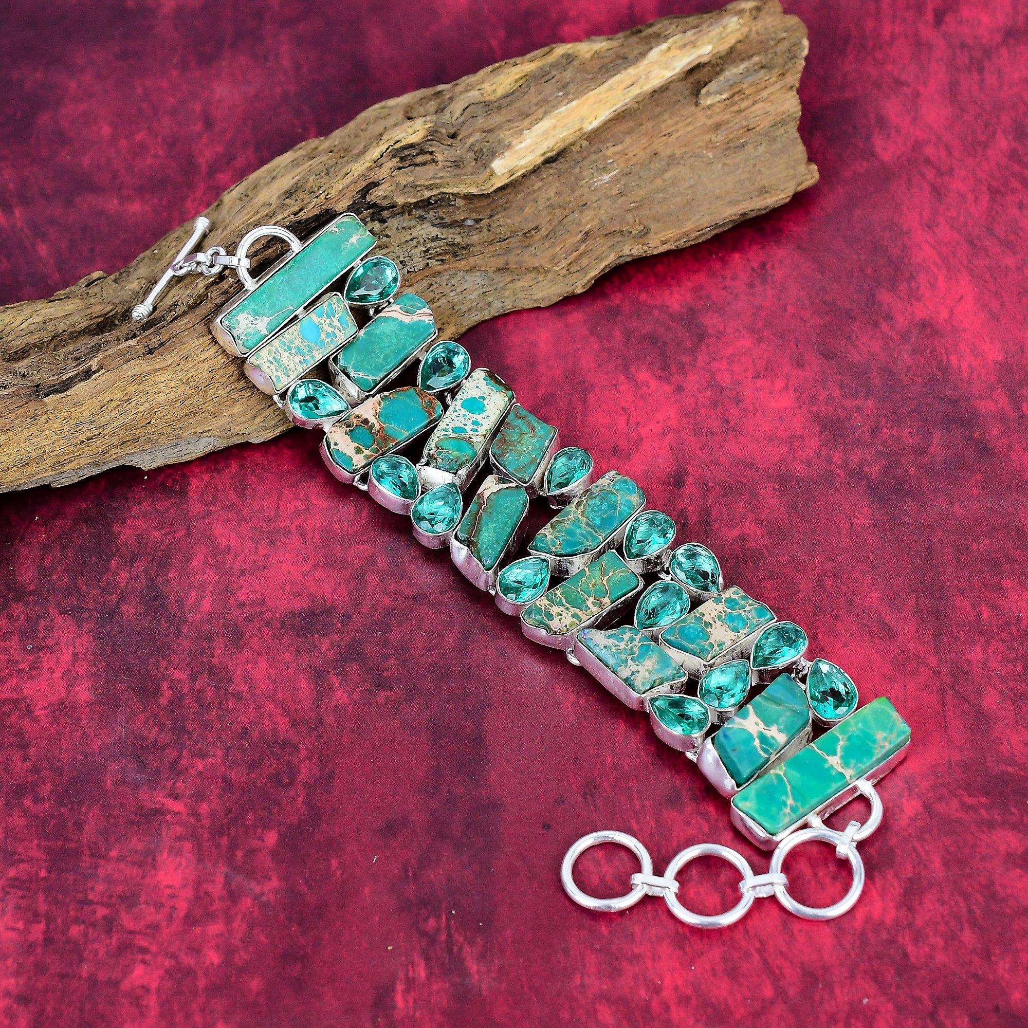 

Green Sea Sediment & Indicolite 925 Solid Sterling Silver Bracelet Adjustable, Chain Bracelet Handmade Gemstone Jewelry, For Thanksgiving